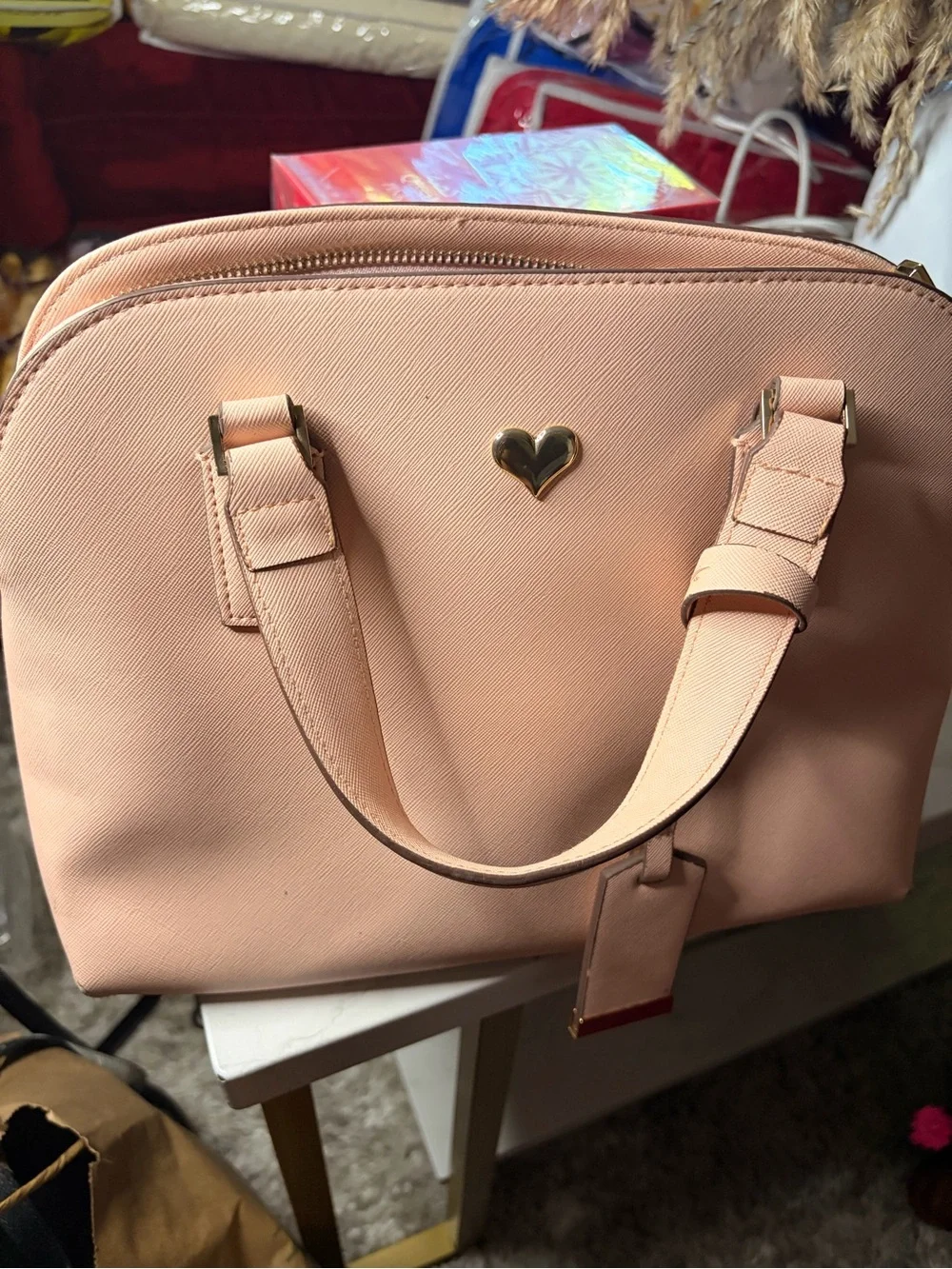 Women's Satchel Bag with Gold Heart Accent - Blush Peach